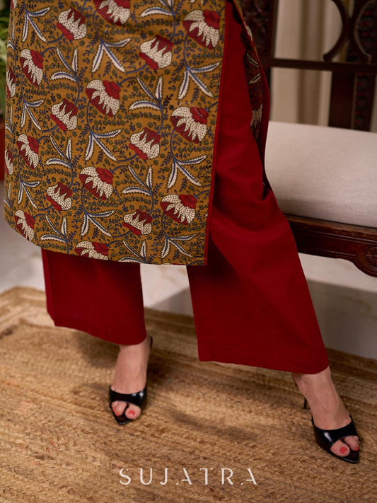Bold Maroon Solid Cotton Wide Leg Pant