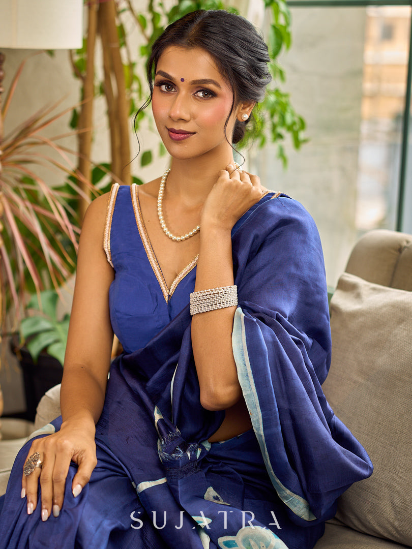 Minimalist Navy Pure Silk Saree with Painted Floral Pallu & Light Blue Trim