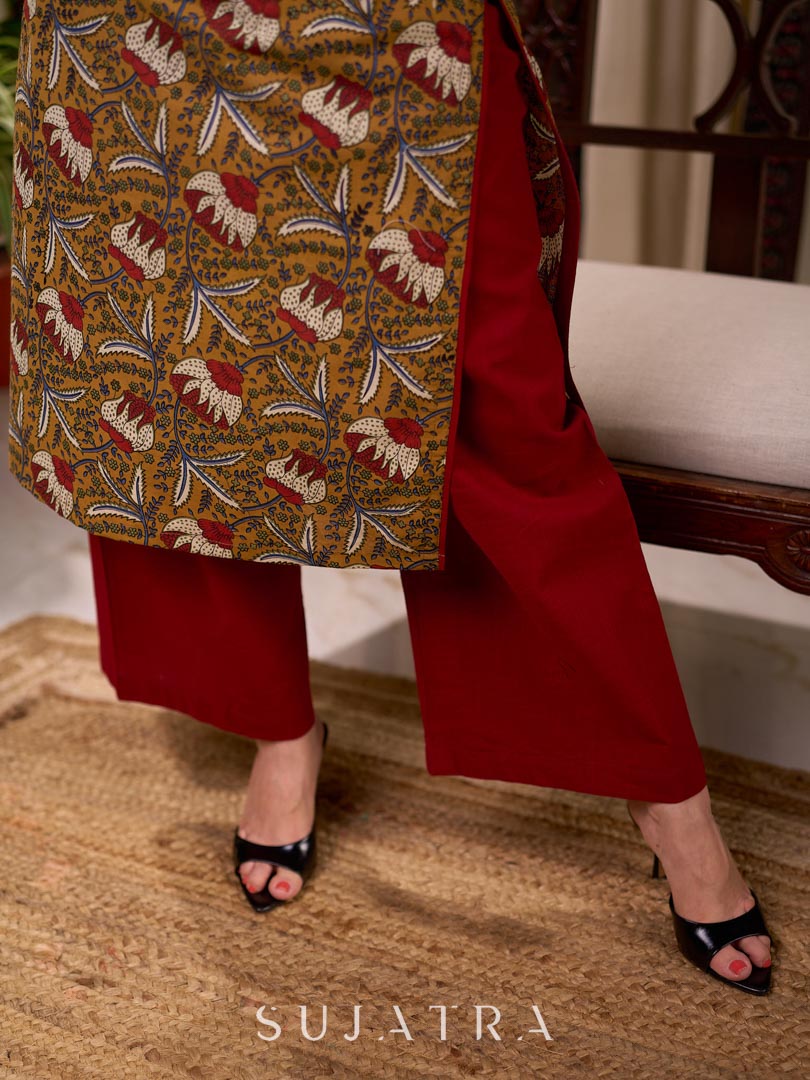 Mustard Floral Print Cotton Kurta with Maroon Collar and Cuff Detail