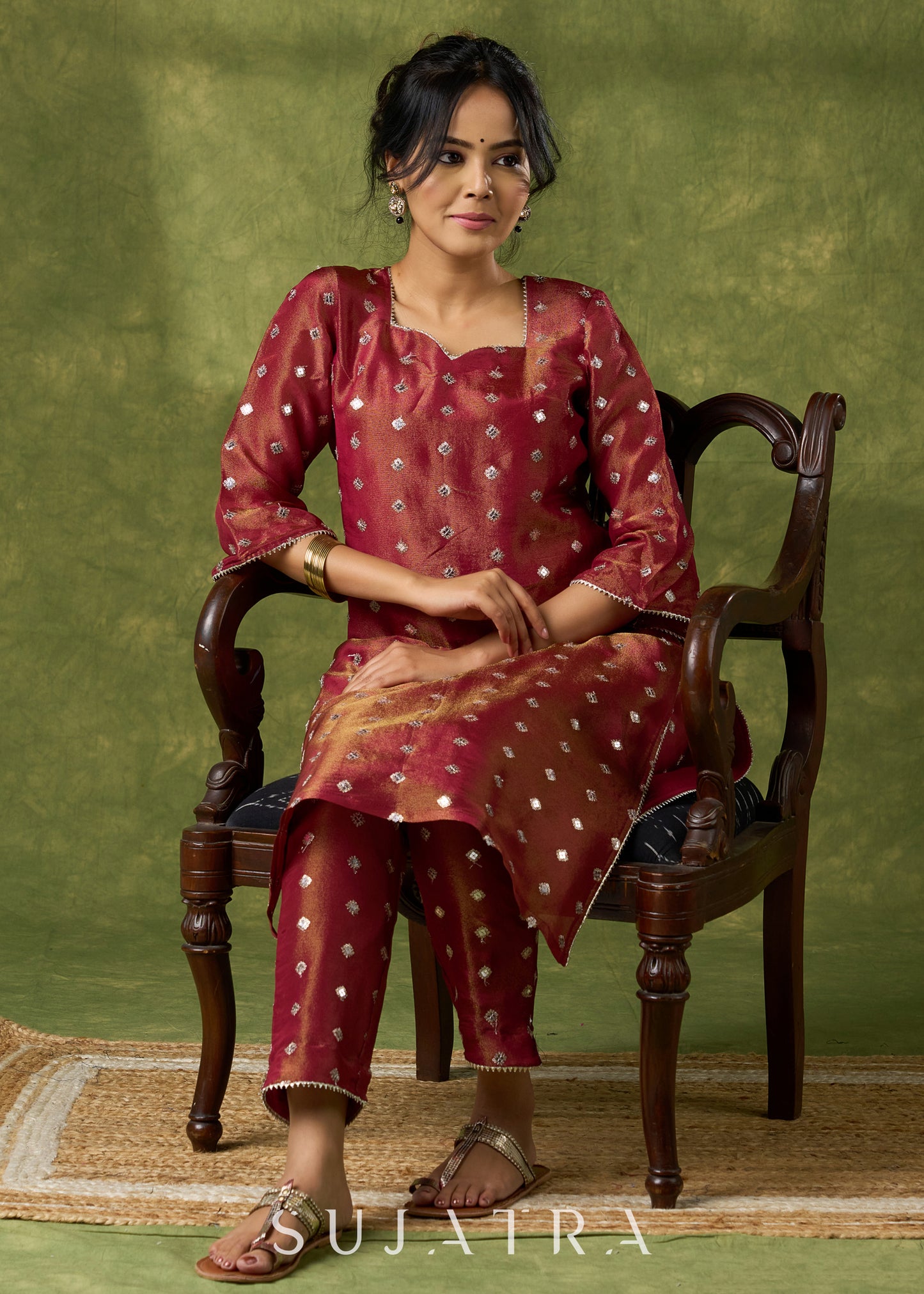 Beautiful Rust Self-Embellished Tissue Kurta - Pant Optional