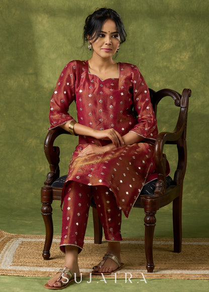 Beautiful Rust Self-Embellished Tissue Kurta - Pant Optional