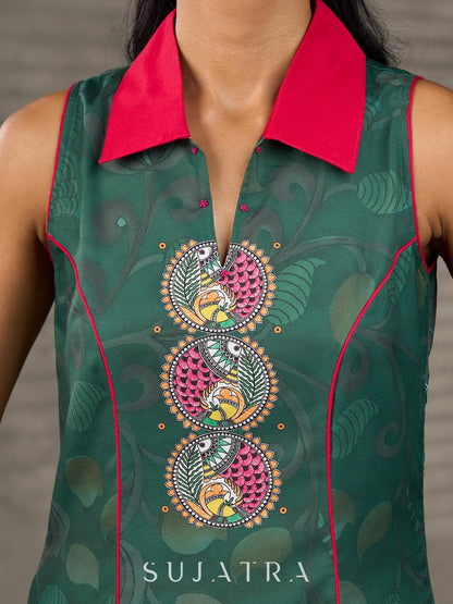 Bottle green Madhubani printed dress with vibrant magenta accents.