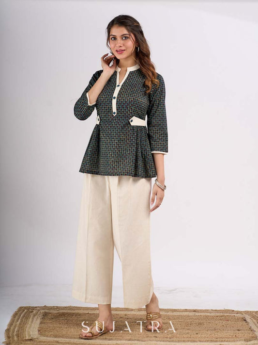 Teal Cotton Designer Top with Front Button Placket and Side Waist Tabs