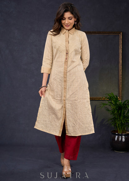 Classy-Golden-Striped-Straight-Cut-Kurta-With-Matching-Collar-,-Highlighted-With-Beautiful-Trishul-Painting--Pant-Optional