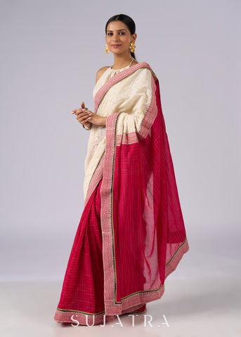 Festive off white hakoba cotton saree with bright chequered pink combination
