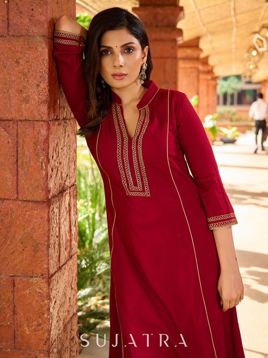Festive maroon rayon kurta adorned with intricate hand embroidery detailing-pant optional