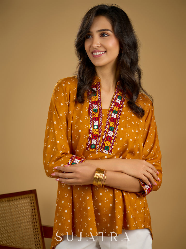 Ethnic handcrafted mirror work bandhani rayon top