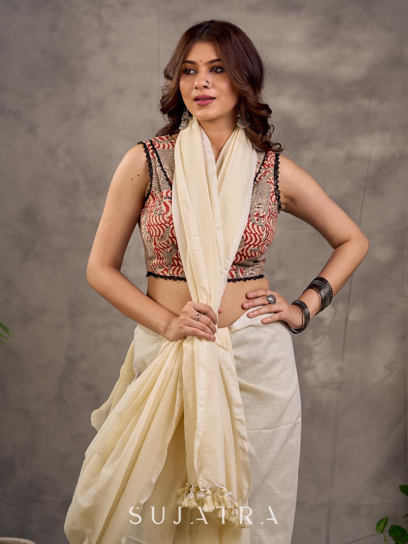 Cream and Rust Cotton Printed Sleeveless Blouse with Black Lace Detail