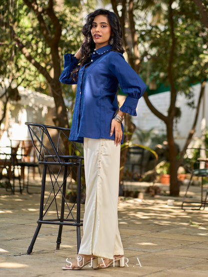 Navy Cotton Shirt Featuring Fine Pintuck Detailing & Statement Sleeves and Collar