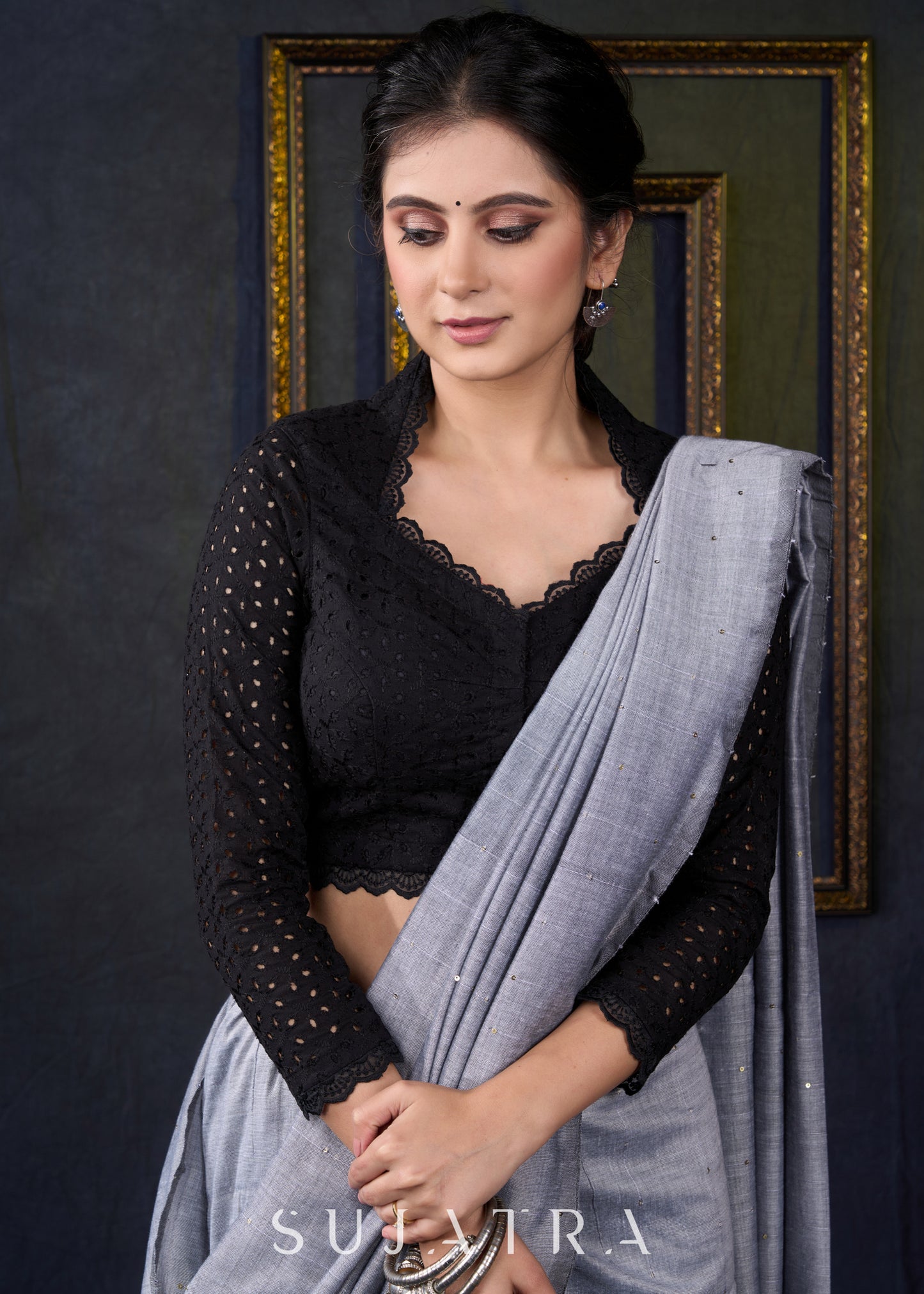 Smart Black Hakoba Cotton Blouse - Optional Plain Saree
