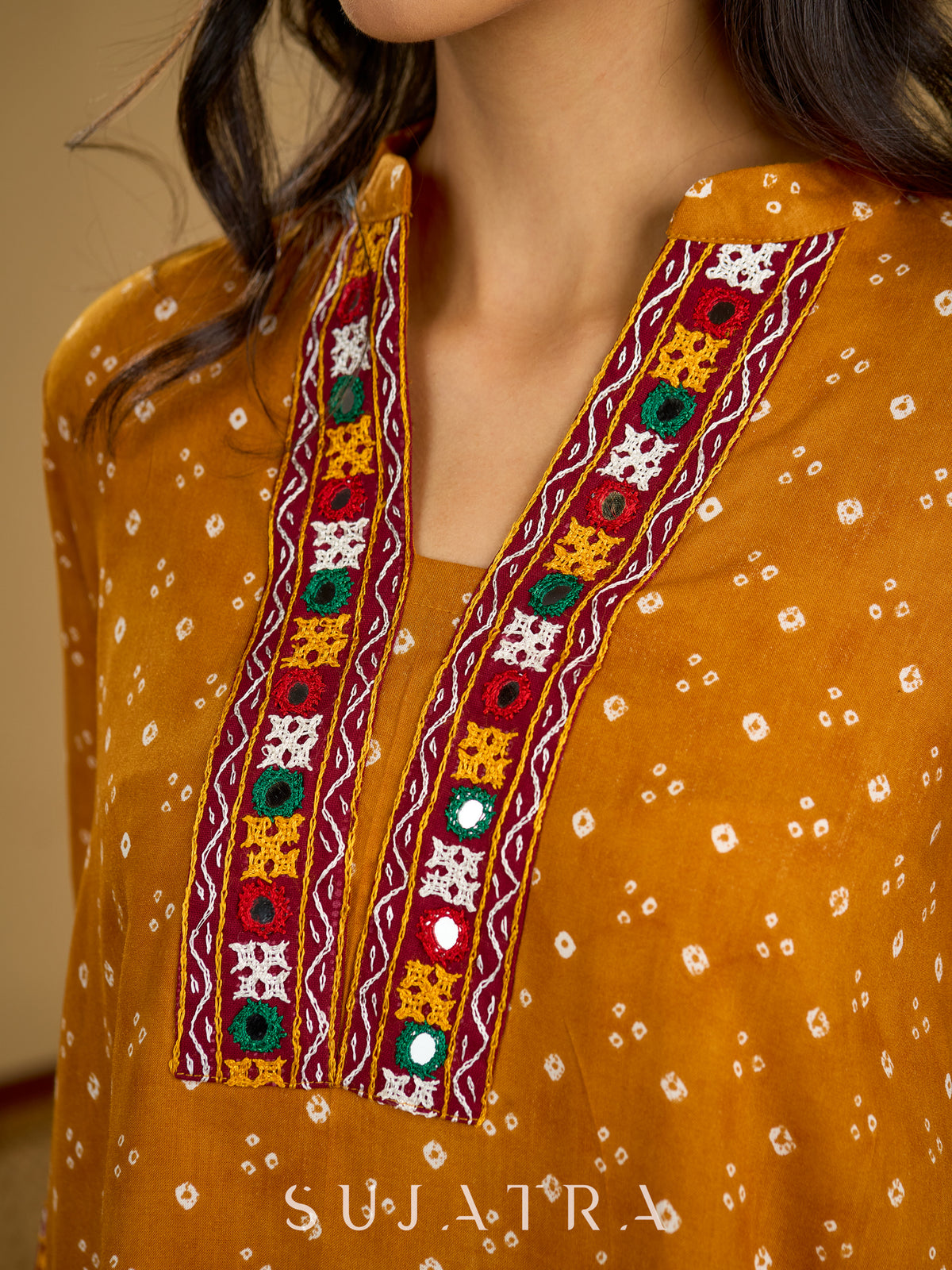 Ethnic handcrafted mirror work bandhani rayon top