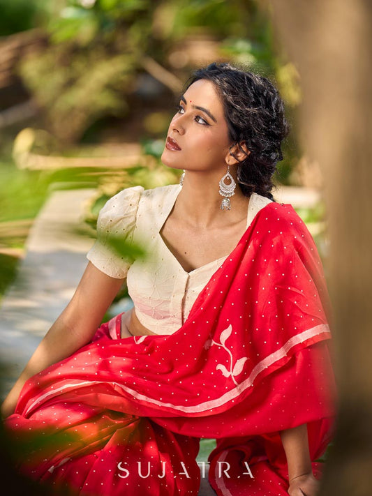 Striking Red Cotton Saree with Minimal Floral & Polka Print