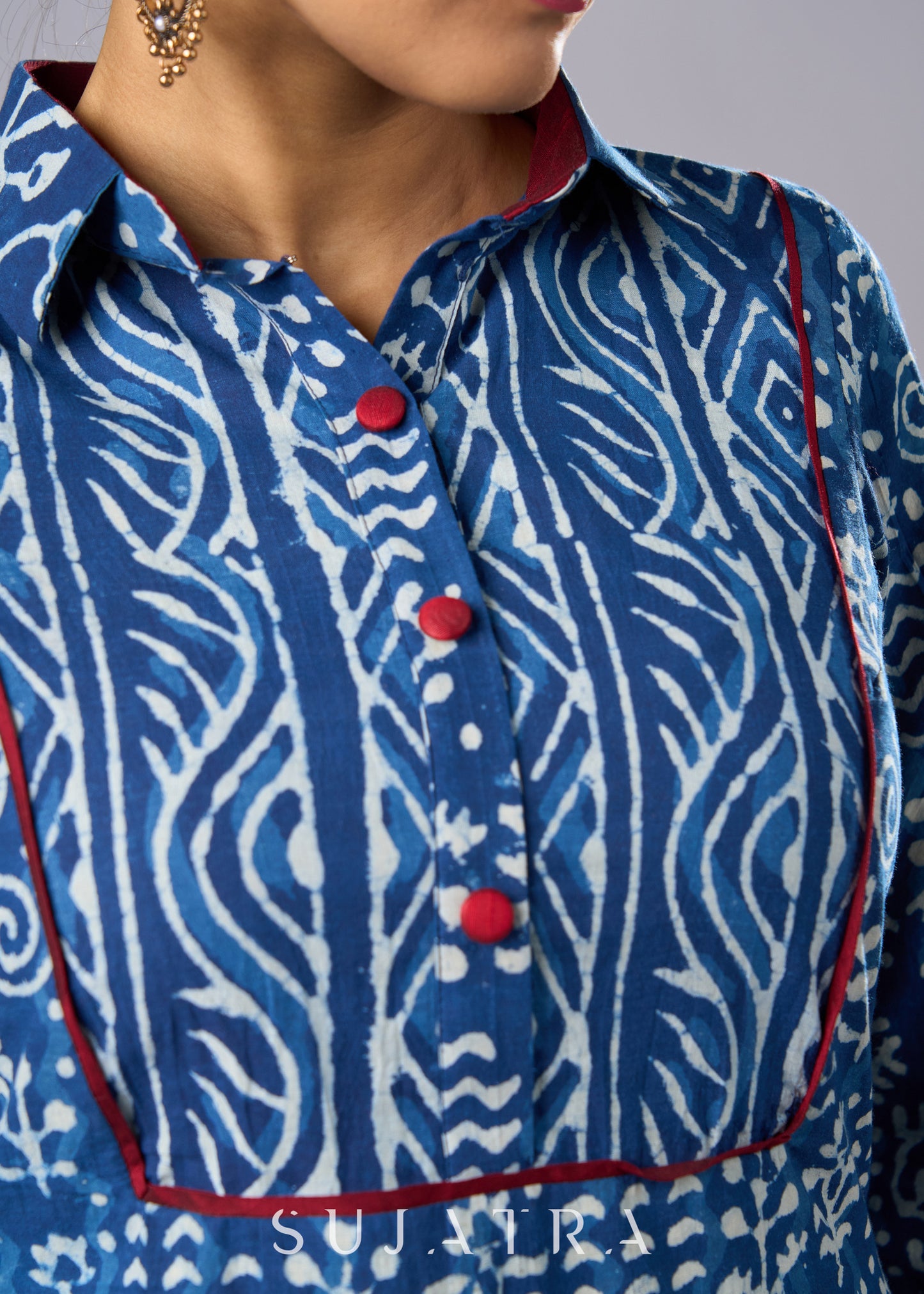 Beautifully Highlighted Casual Cotton Indigo Tunic   - Pant Additional