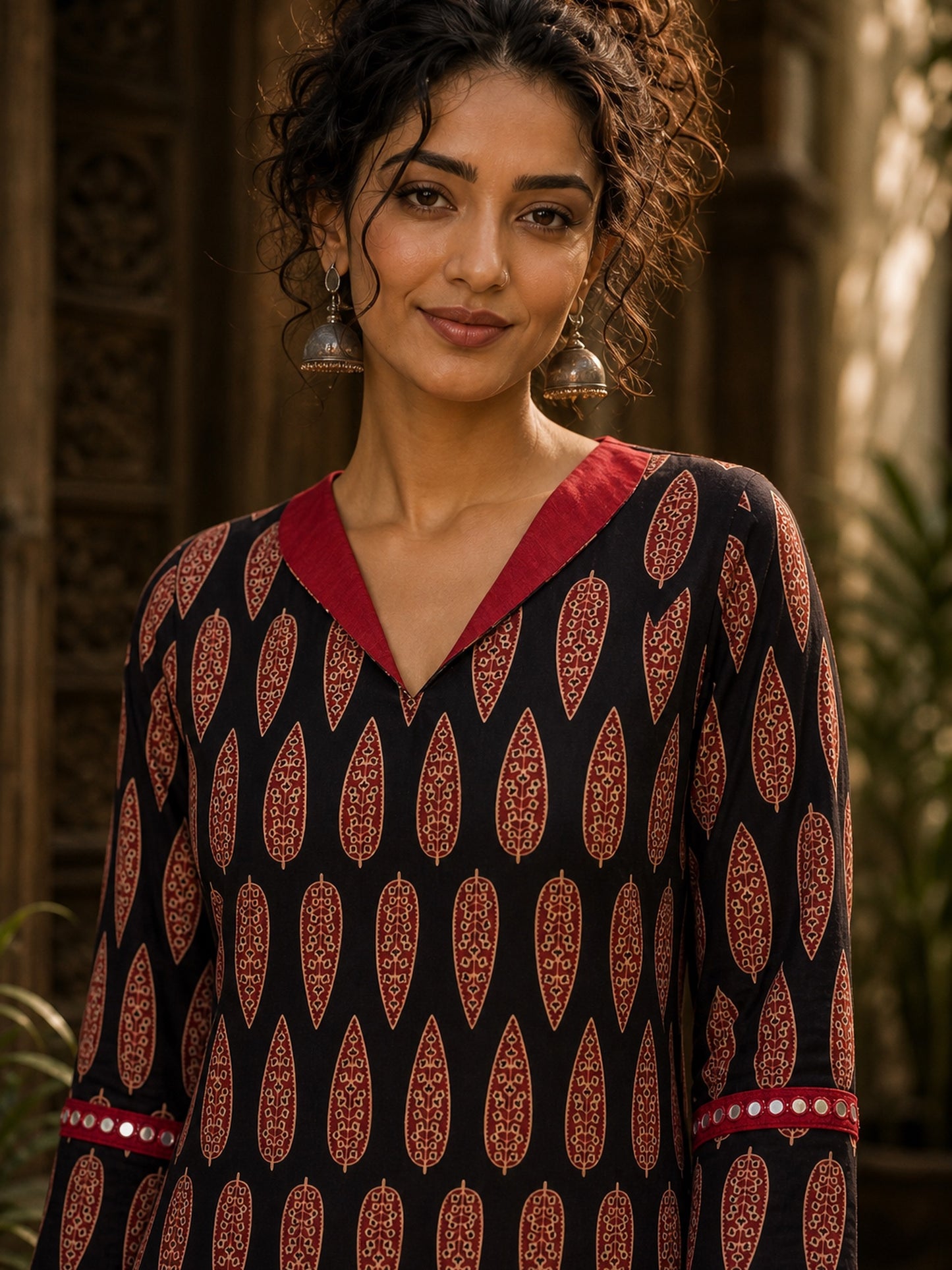 Striking Black Ajrakh Block Print Straight Kurta with Bold Maroon Collar & Mirror Cuff Accent