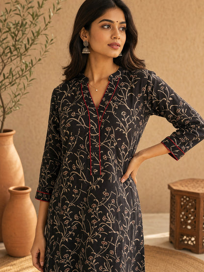 Ebony Black Floral Printed Cotton Kurta with Collared Neckline & Maroon Accents