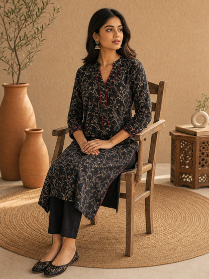 Ebony Black Floral Printed Cotton Kurta with Collared Neckline & Maroon Accents