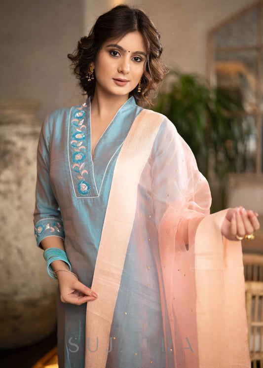 Beautiful Firozi Blue Chanderi Kurta With Glass Beadwork On Neckline & Sleeves