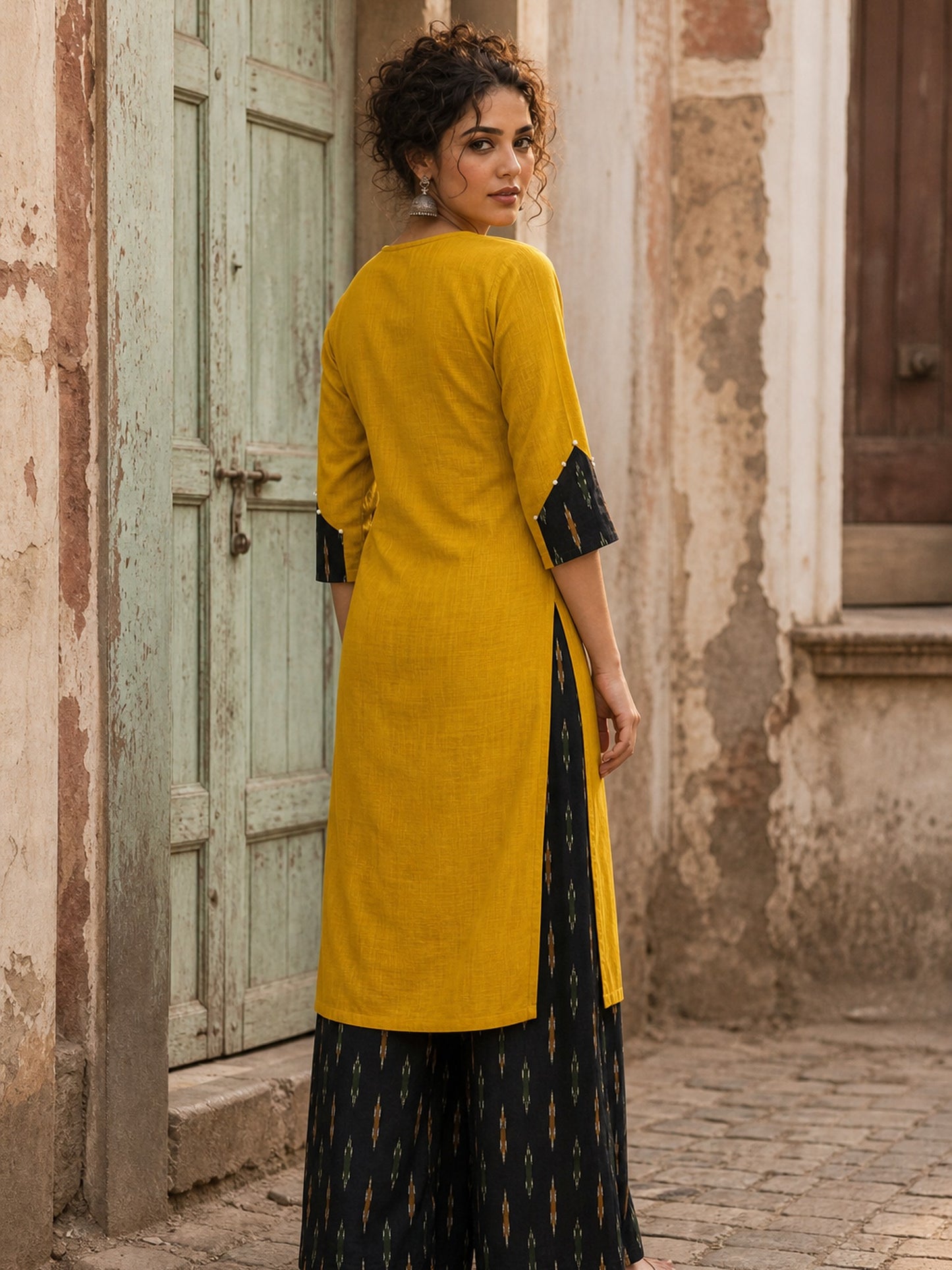 Bold Mustard Cotton Kurta with Black Ikat V-Yoke & Floral Embroidery with Pearl Accent Detail