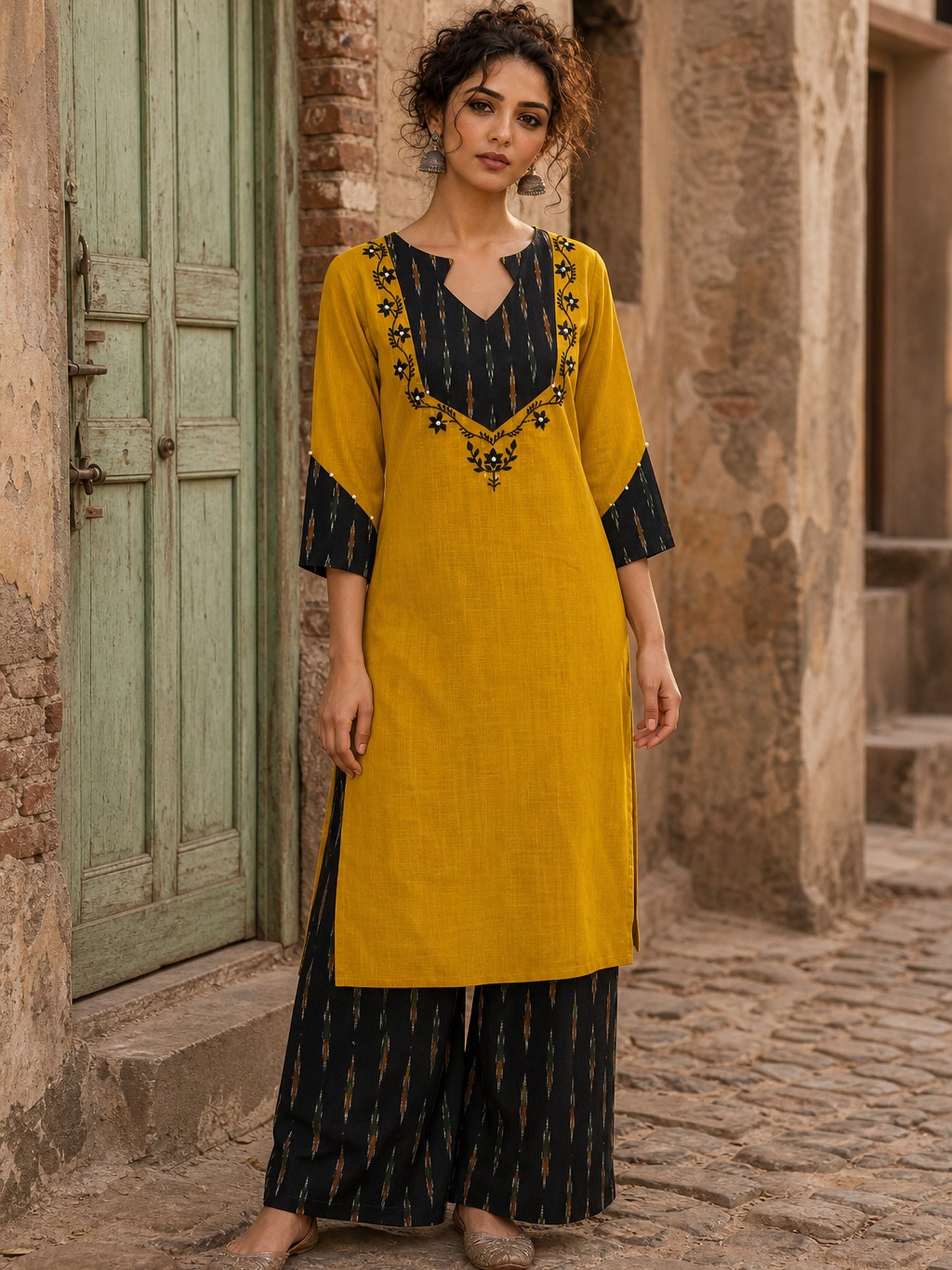 Bold Mustard Cotton Kurta with Black Ikat V-Yoke & Floral Embroidery with Pearl Accent Detail