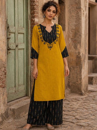 Bold Mustard Cotton Kurta with Black Ikat V-Yoke & Floral Embroidery with Pearl Accent Detail