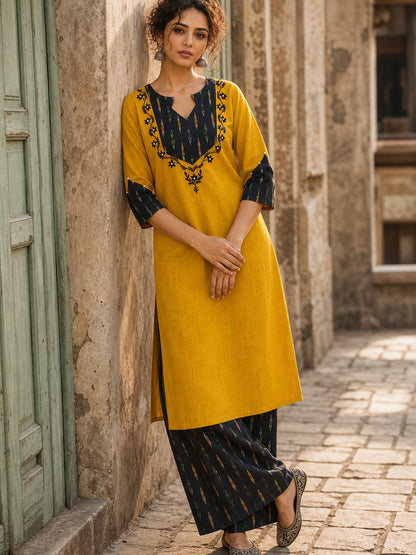 Bold Mustard Cotton Kurta with Black Ikat V-Yoke & Floral Embroidery with Pearl Accent Detail