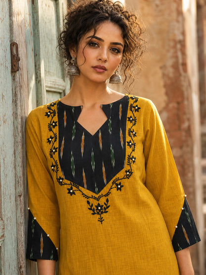 Bold Mustard Cotton Kurta with Black Ikat V-Yoke & Floral Embroidery with Pearl Accent Detail