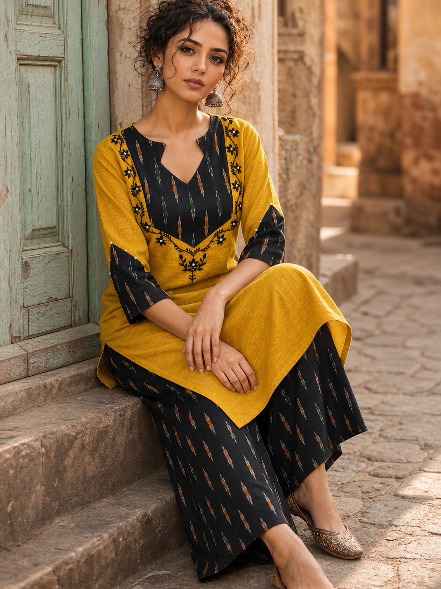 Bold Mustard Cotton Kurta with Black Ikat V-Yoke & Floral Embroidery with Pearl Accent Detail
