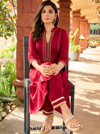 Festive maroon rayon kurta adorned with intricate hand embroidery detailing-pant optional