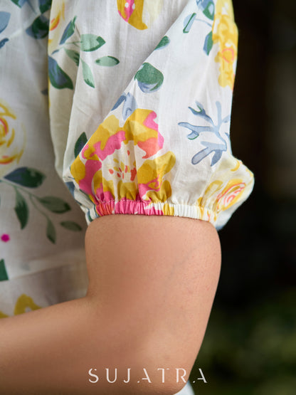 Dussehra Sale — Luminous White Cotton Floral Dress with Square Neck, Contrasting Pink Accents, Flared Silhouette & Voluminous Puffy Sleeves