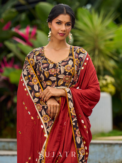 Traditional Rust Modal Silk Saree with Hand Embroidered Mirror Work & Kalamkari Printed Border