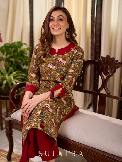 Mustard Floral Print Cotton Kurta with Maroon Collar and Cuff Detail