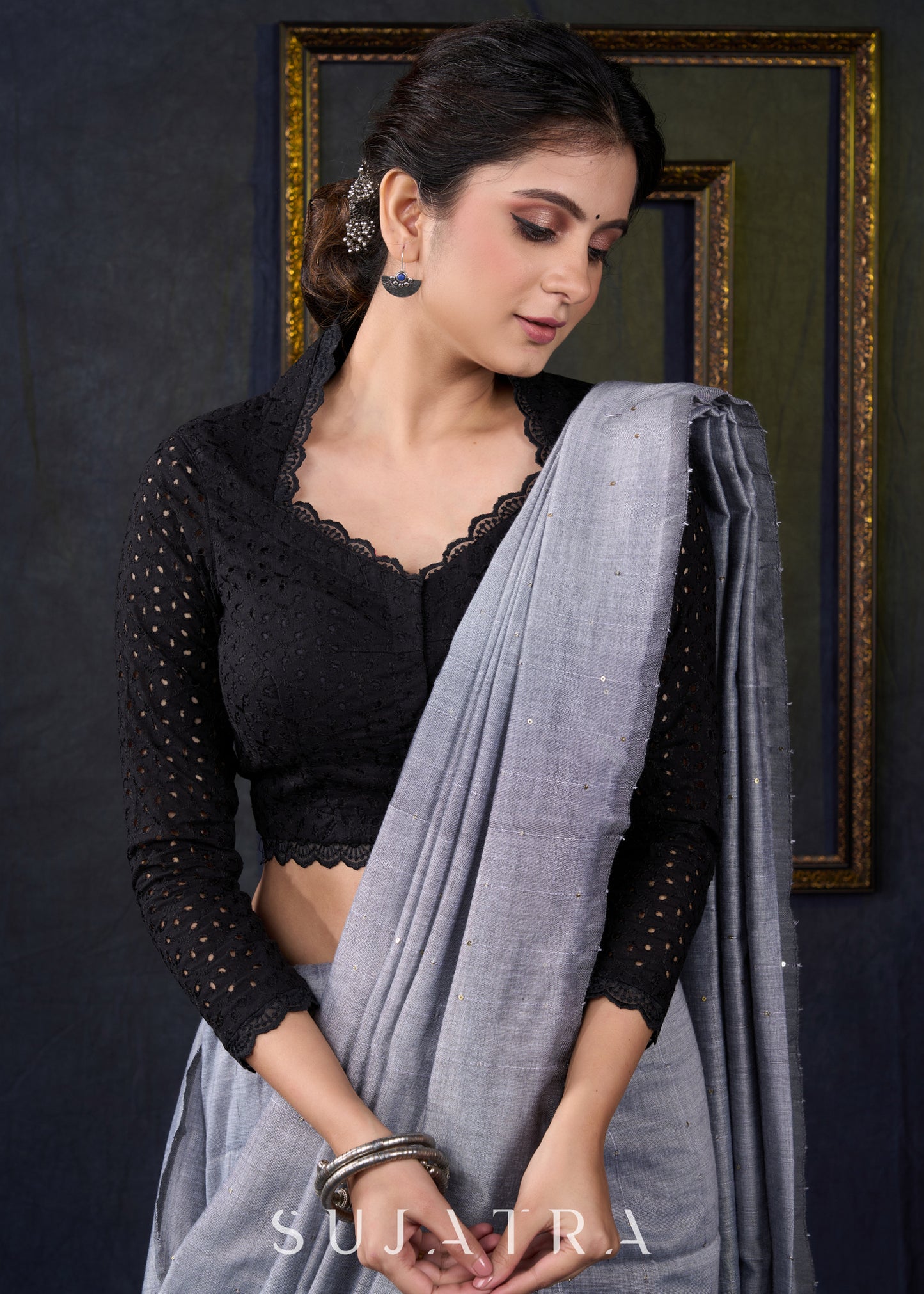 Smart Black Hakoba Cotton Blouse - Optional Plain Saree