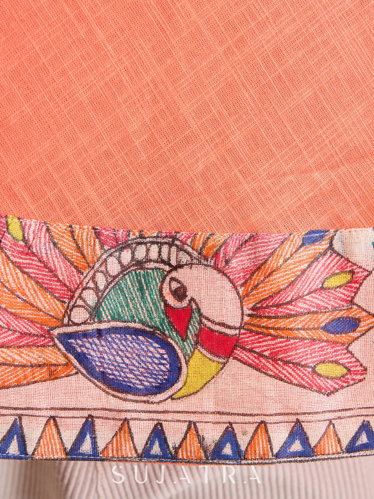 Elegant Peach Cotton Kurta with Madhubani Border & Hand Painted Neckline Detailing