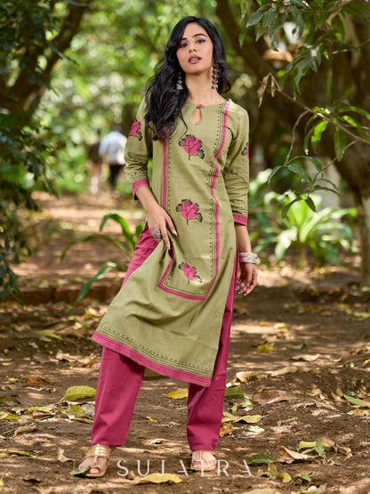 Radiant Mint Green Cotton Kurta with Minimal Floral Hand Block Motifs and Magenta Detailing