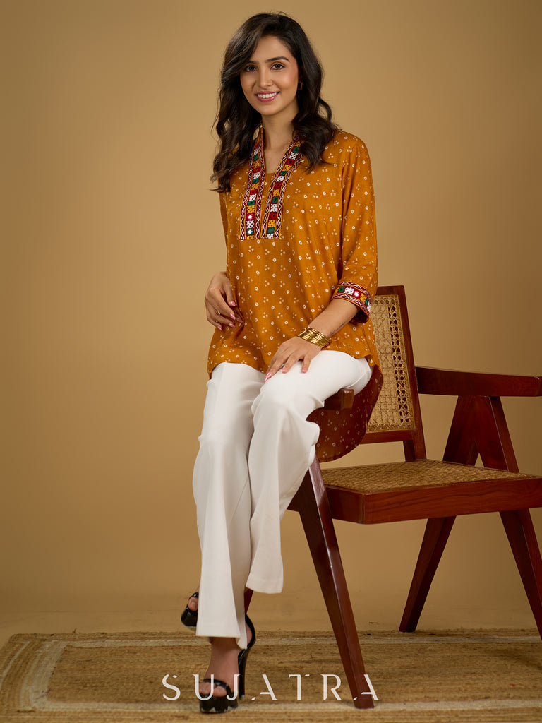Ethnic handcrafted mirror work bandhani rayon top