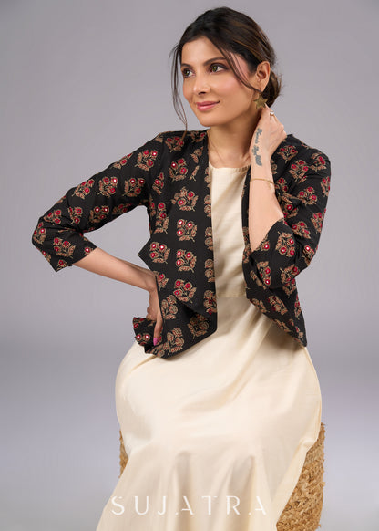 Elegant Printed Ajrakh Jacket with MirrorHand  Embroidery - Dress optional
