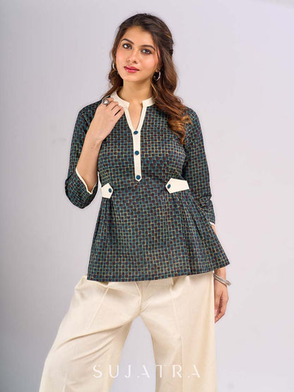Teal Cotton Designer Top with Front Button Placket and Side Waist Tabs
