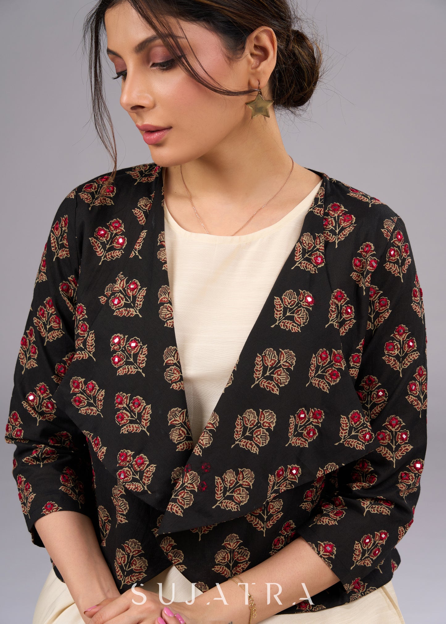 Elegant Printed Ajrakh Jacket with MirrorHand  Embroidery - Dress optional