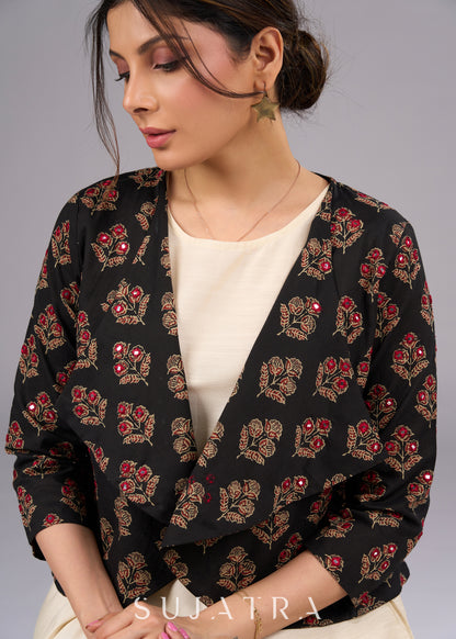 Elegant Printed Ajrakh Jacket with MirrorHand  Embroidery - Dress optional