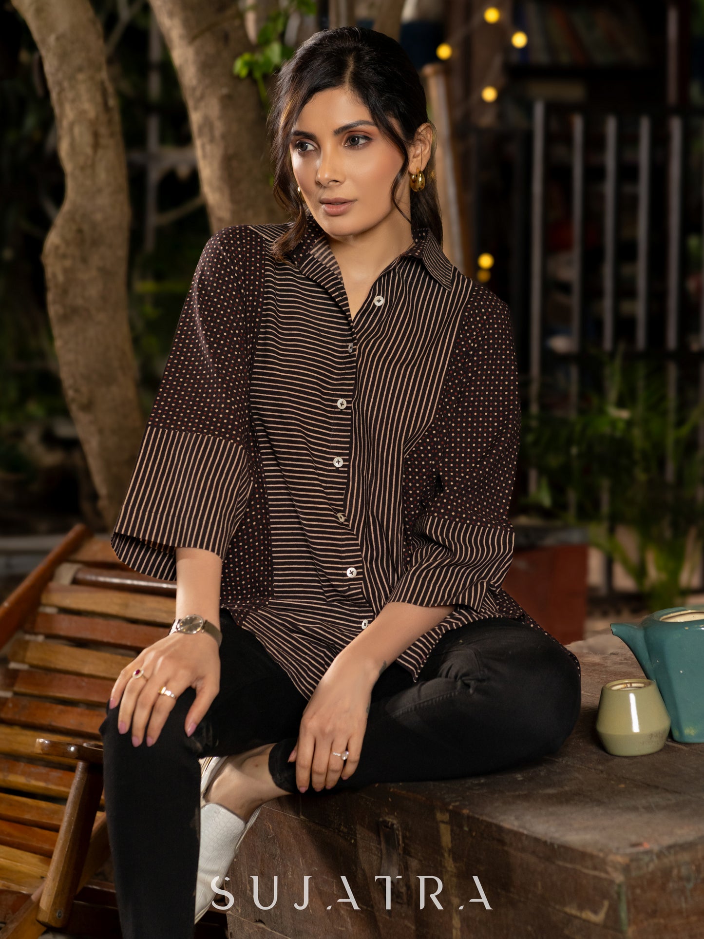 Luxe Ajrakh Lines and Dotted Black Cotton Shirt