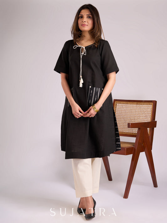Timeless Black Cotton Kurta with Ikat Pockets, Kantha Handwork & Tassel-Tied Neckline