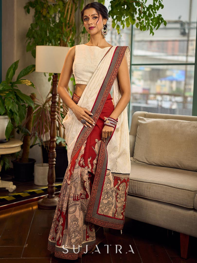 Elegant White Hakoba Cotton Saree with Rust-Red Kalamkari Print & Ajrakh Chevron Border