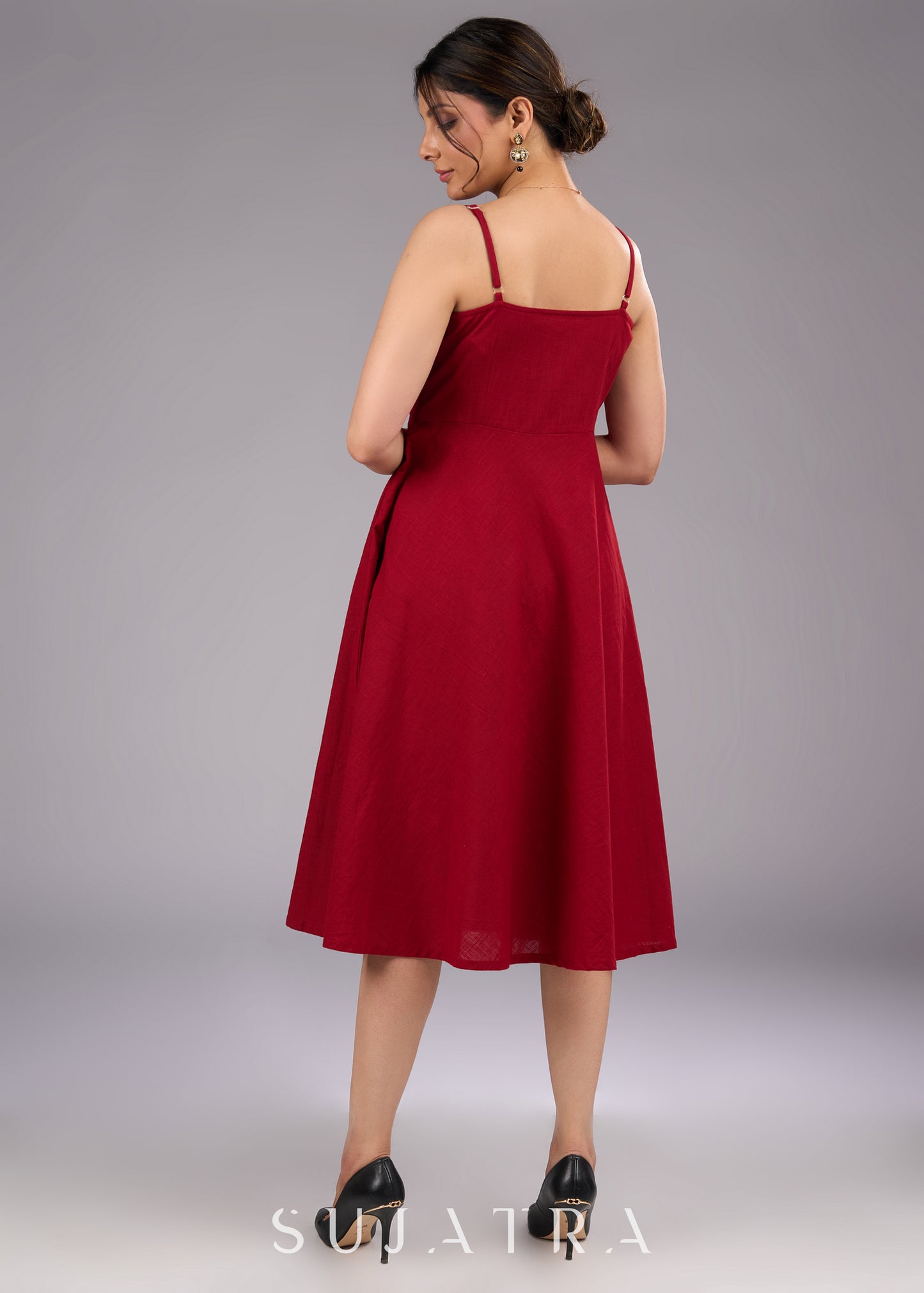 Cotton Maroon Flared Strappy One Piece Dress - Ikat blazer jacket optional