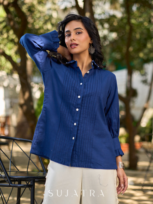 Navy Cotton Shirt Featuring Fine Pintuck Detailing & Statement Sleeves and Collar