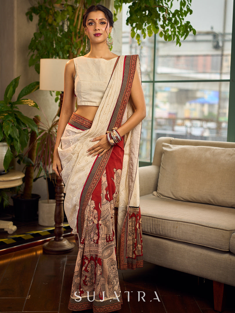 Elegant White Hakoba Cotton Saree with Rust-Red Kalamkari Print & Ajrakh Chevron Border