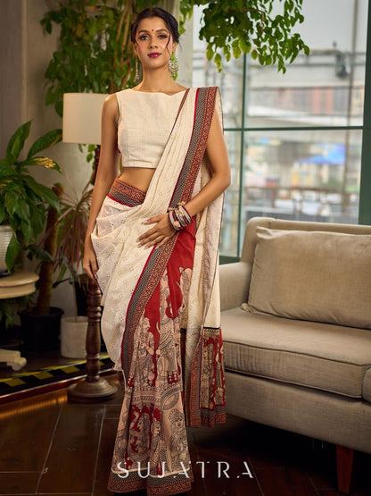 Elegant White Hakoba Cotton Saree with Rust-Red Kalamkari Print & Ajrakh Chevron Border