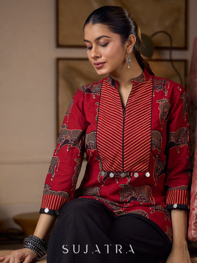 Luxe Maroon Ajrakh Animal Motif Top with Maroon Line Yoke and Silver Embellishments