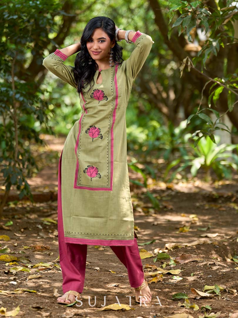 Radiant Mint Green Cotton Kurta with Minimal Floral Hand Block Motifs and Magenta Detailing