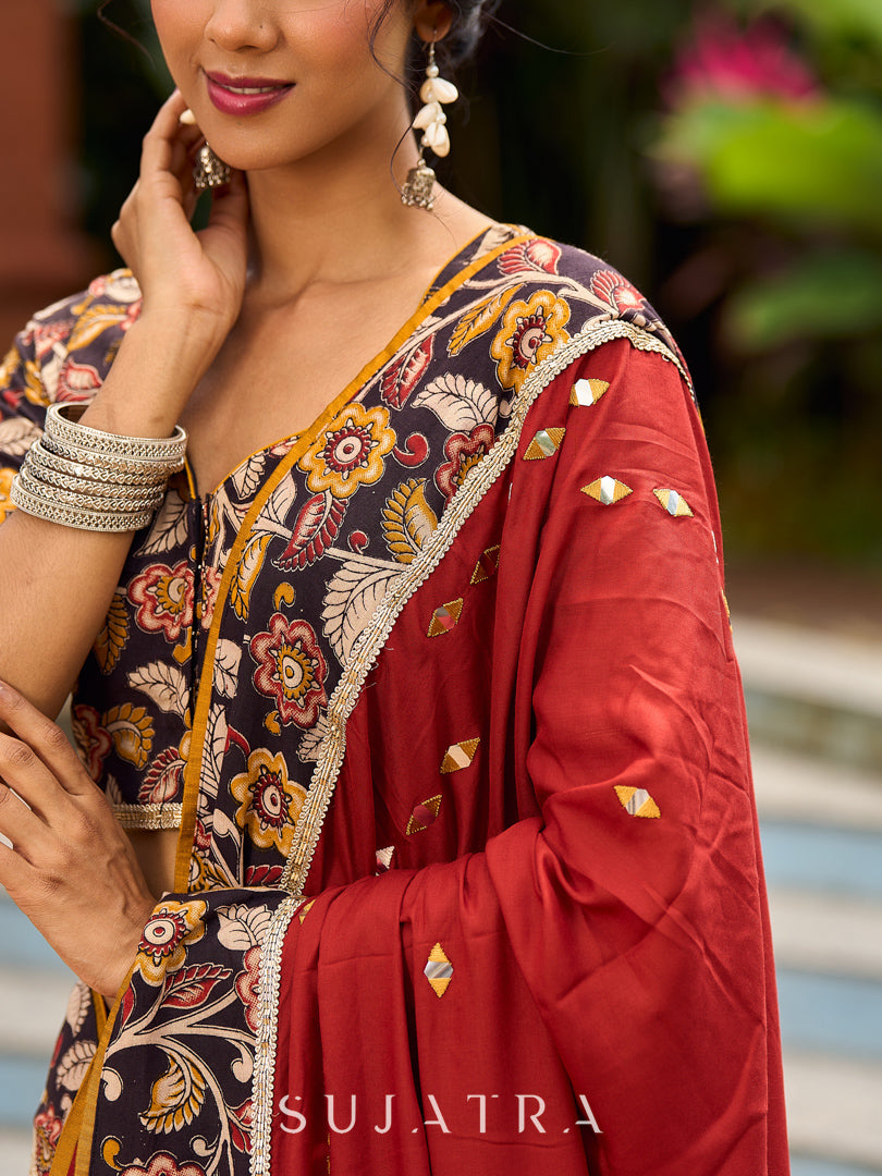 Graceful Black Kalamkari Printed Blouse with Contrast Mustard Highlights