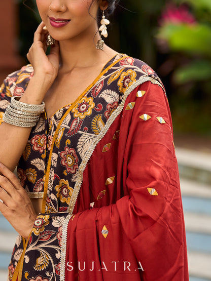Graceful Black Kalamkari Printed Blouse with Contrast Mustard Highlights